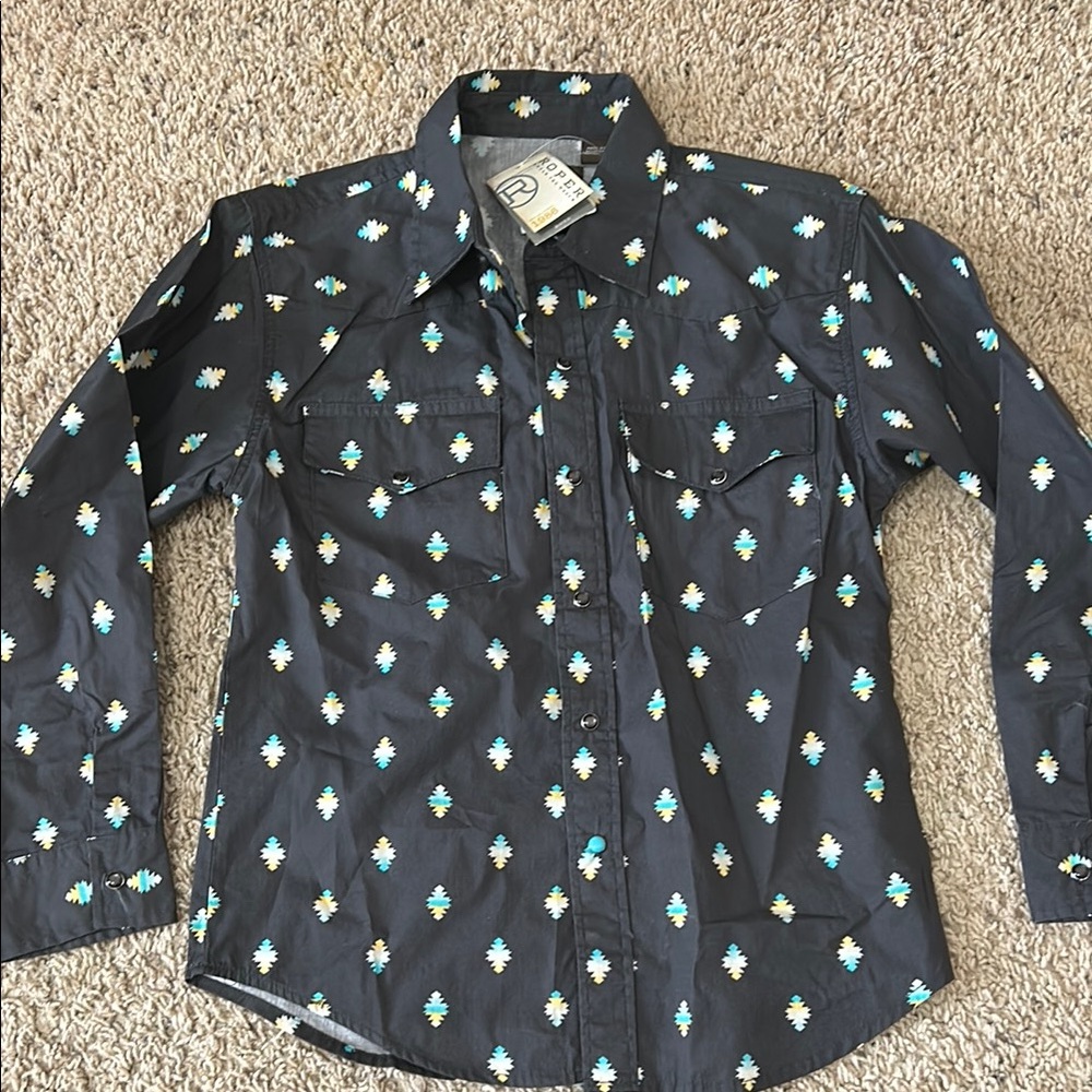 Roper Black Western Shirt with Turquoise Pattern